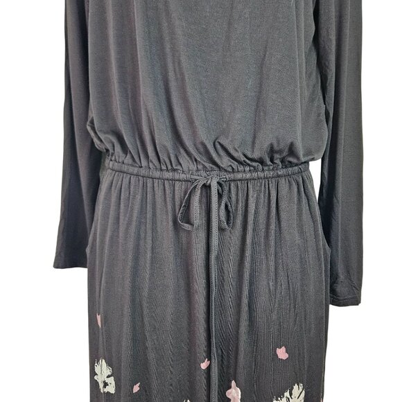 Black Floral Womens Midi Dress With Drawstring Waist Size Med Career Dinner - Picture 4 of 11